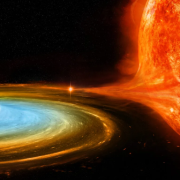 An artist's impression of a binary star system featuring a white dwarf star and a red giant.